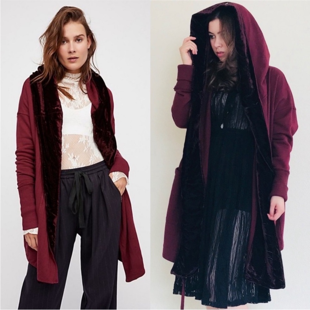 Free People Red Westwood Velvet Trim Hooded Long Cardigan Oversized Slouchy XS
